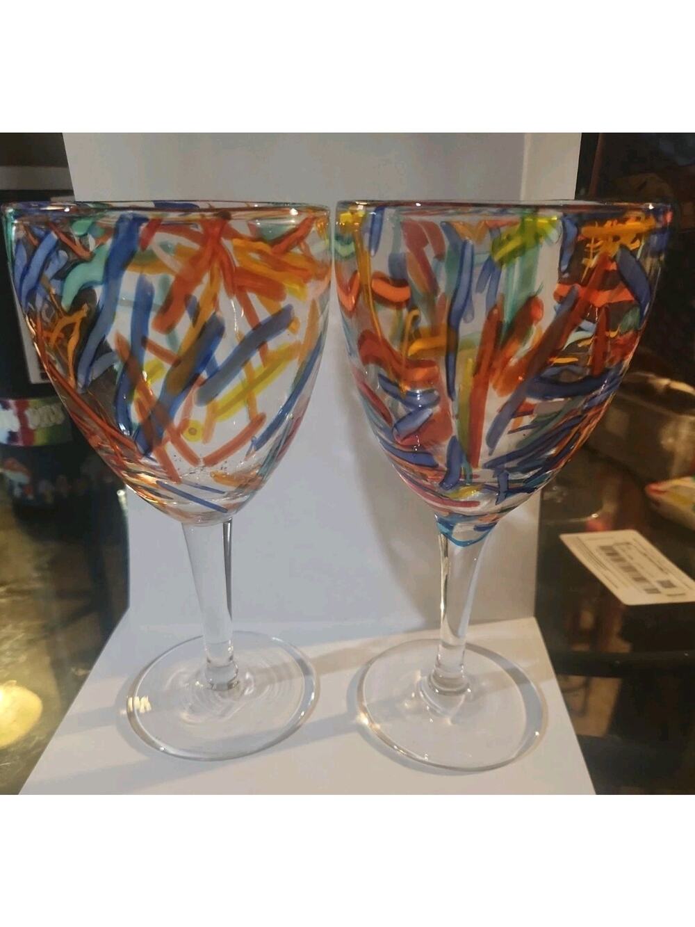 2 Pier 1 Imports Multicolor Confetti Hand Blown Art Glass Wine Goblets 8" 90s